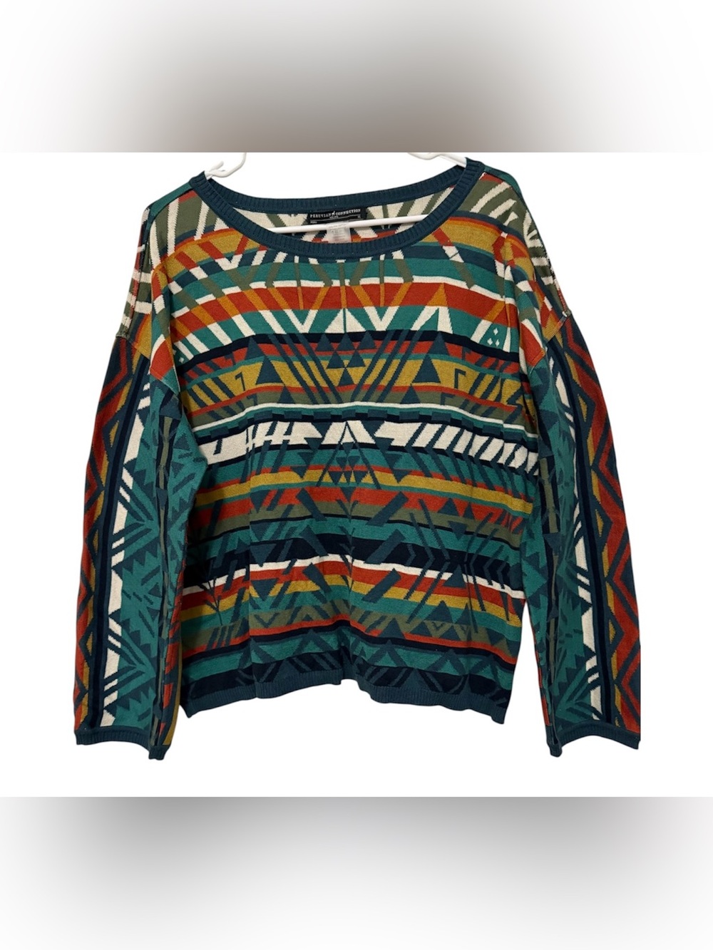 Peruvian Connection Teal Multi-Color Aztec Knit Sweater
